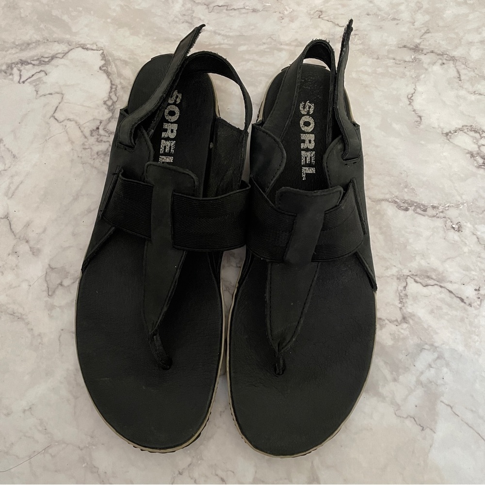 Sorel Size 10 Out N About Black Leather Slingback Thong Sandals NL 3259-010 shoe - Picture 4 of 13